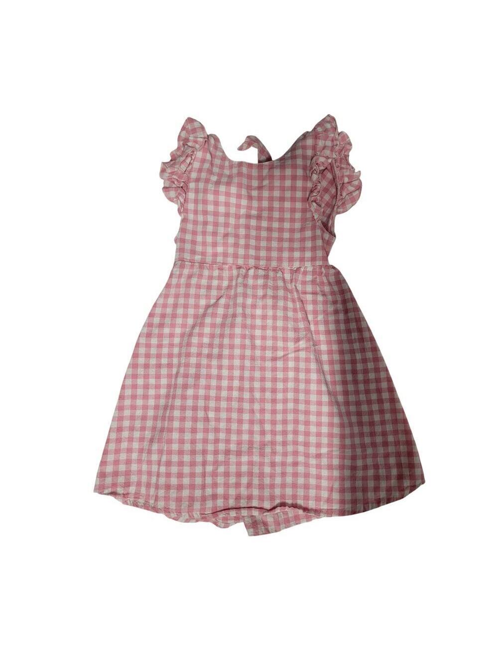 Girls Gingham Pink Open Back Ruffle Sleeve Dress Size 6
